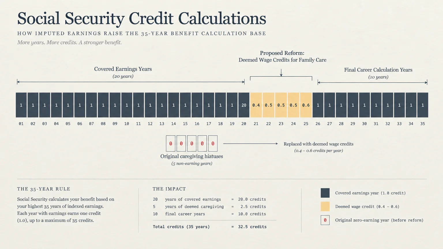 Chart showing 35 career years for Social Security calculations, highlighting five caregiving years replaced by credits.