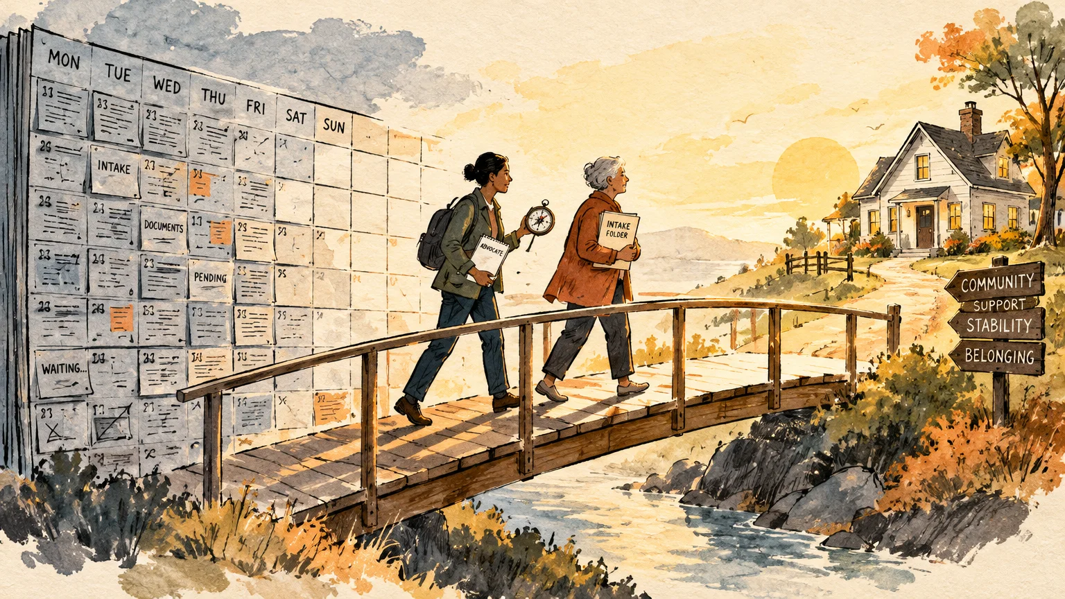 Two women carrying folders walk across a wooden footbridge from a giant calendar wall toward a house at sunrise.