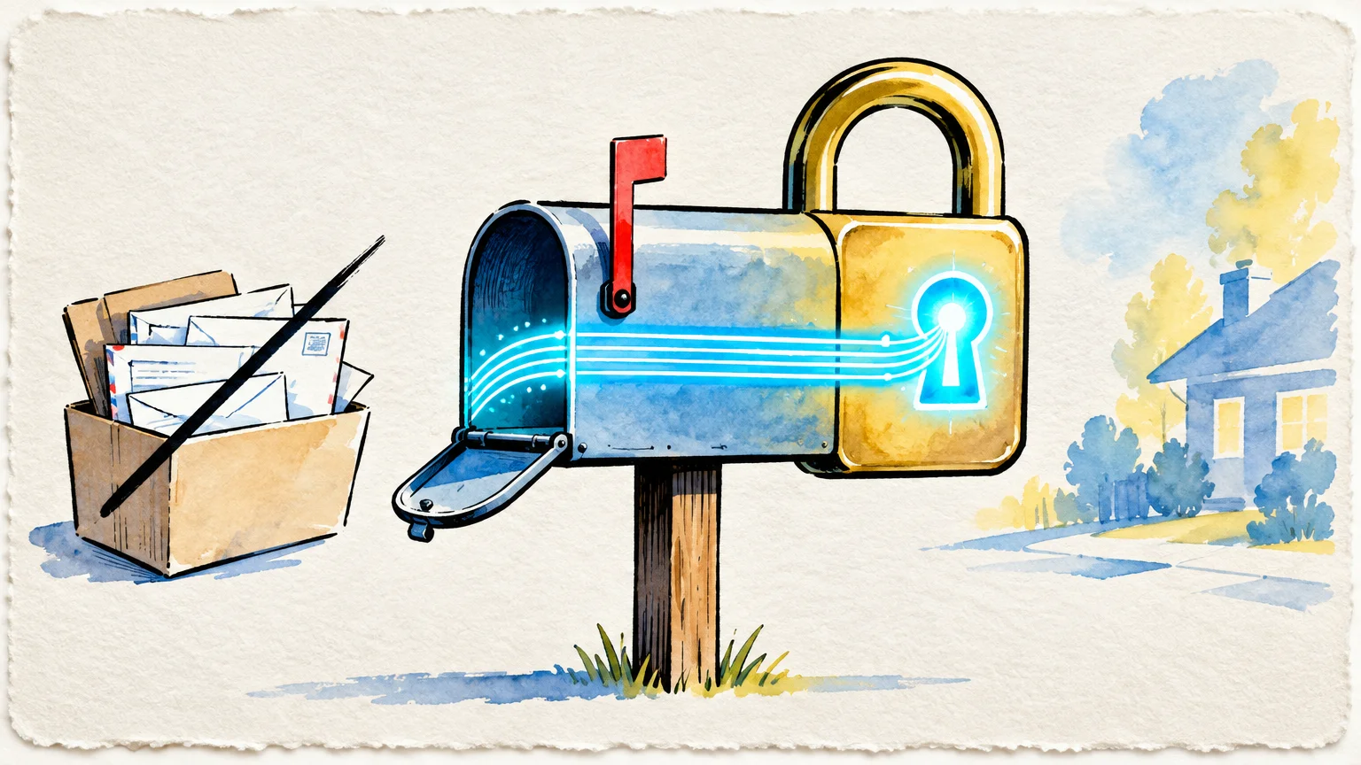 Watercolor illustration of a curbside mailbox shaped like a padlock beside a crossed-out box of letters.