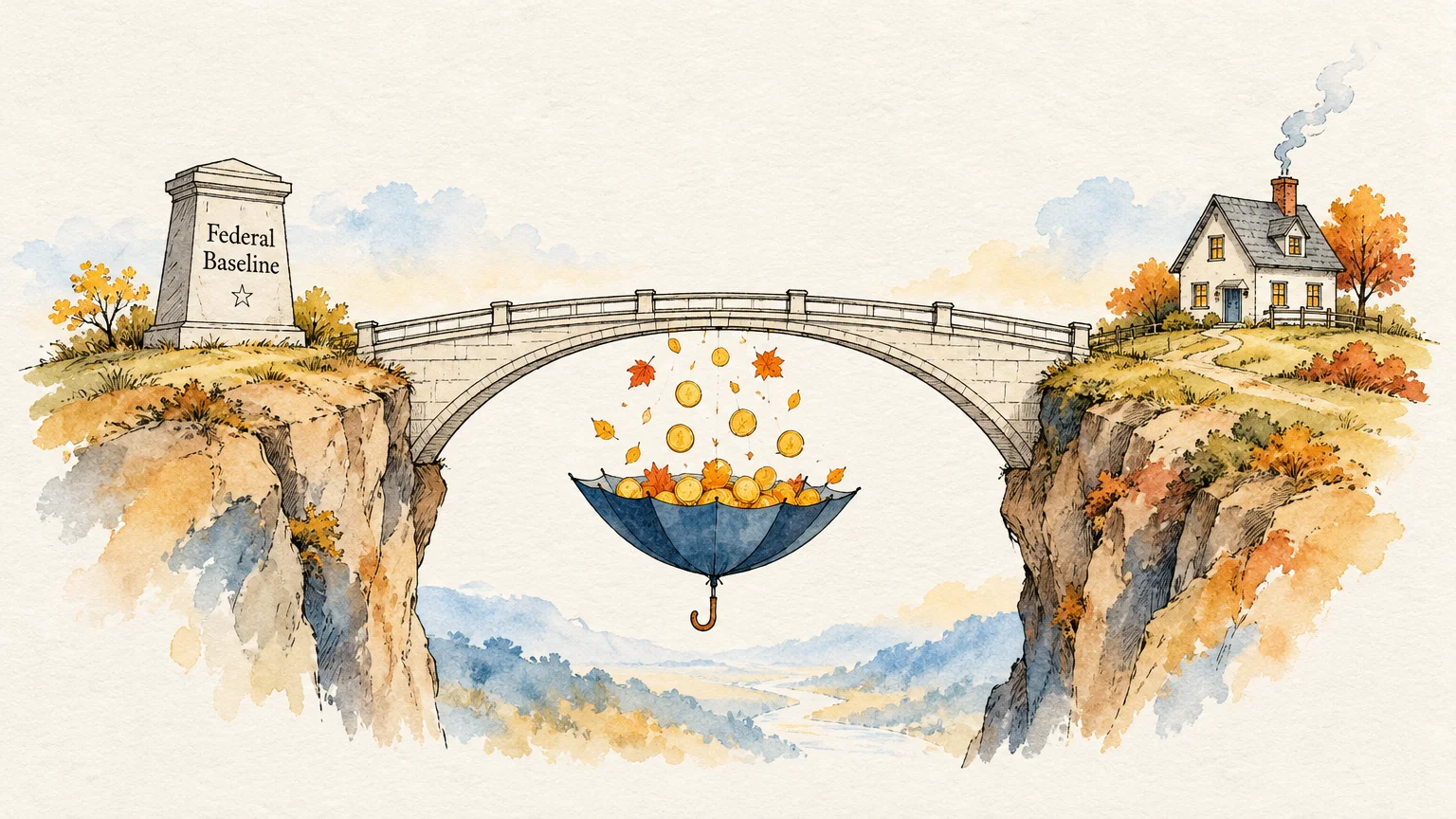 Watercolor illustration of a stone bridge over a chasm, connecting a monument to a house, with coins falling into an umbrella.