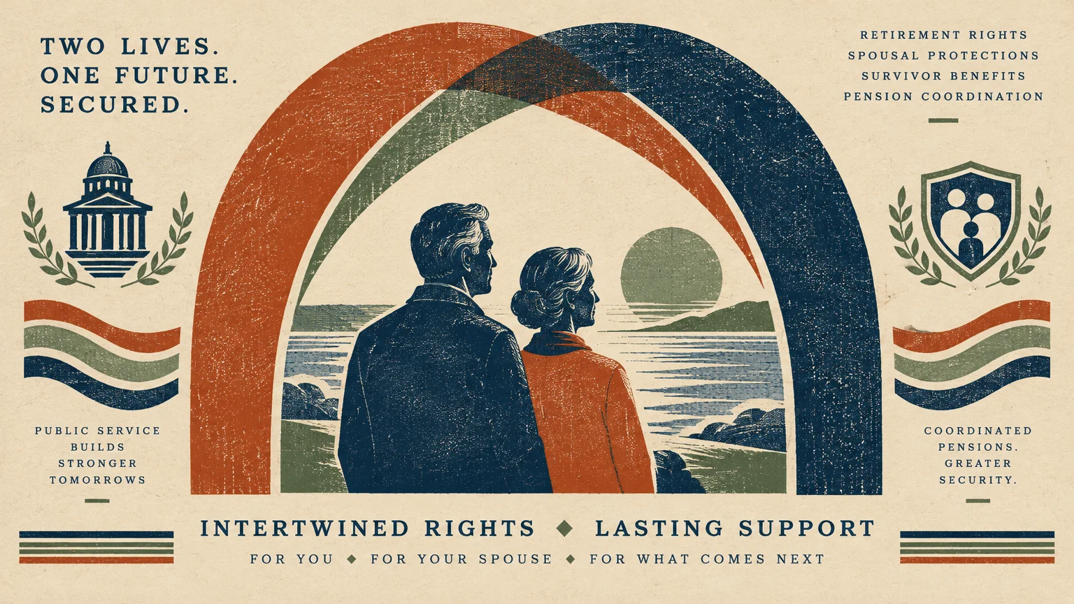 Retro illustration of an older couple looking out at water and a setting sun, framed by colorful arches and banners.