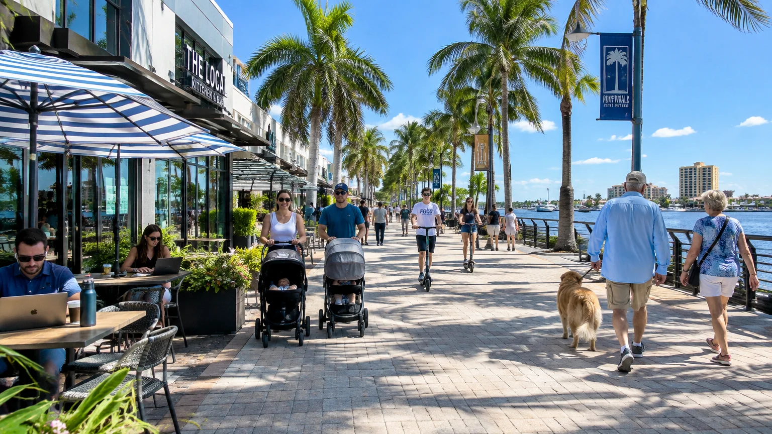 People of various ages walk, push strollers, ride scooters, and sit at outdoor restaurant tables along a sunny waterfront path.