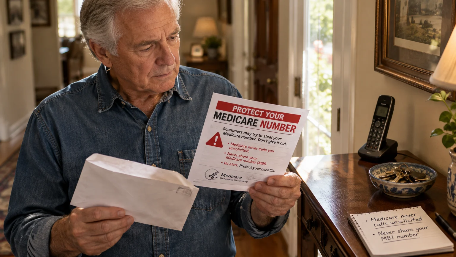 Older man reads a Medicare scam warning flyer next to a landline phone and a notepad with fraud prevention tips.