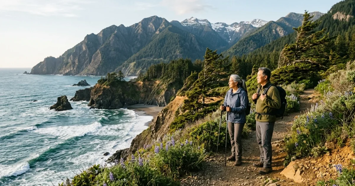 Older couple hiking on a coastal trail overlooking rocky cliffs, crashing ocean waves, and forested mountains.
