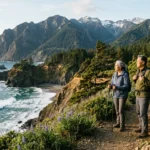 Older couple hiking on a coastal trail overlooking rocky cliffs, crashing ocean waves, and forested mountains.