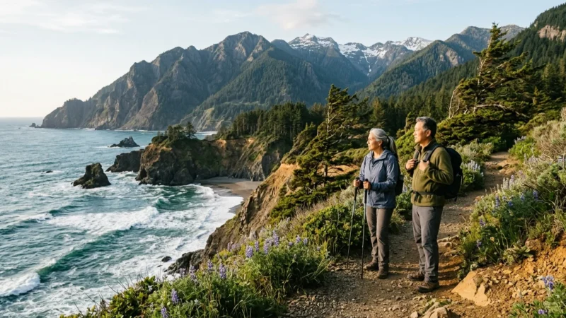 Older couple hiking on a coastal trail overlooking rocky cliffs, crashing ocean waves, and forested mountains.