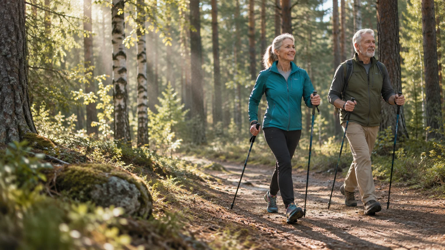 An older man and woman hike along a sunlit dirt path through a pine forest using trekking poles.