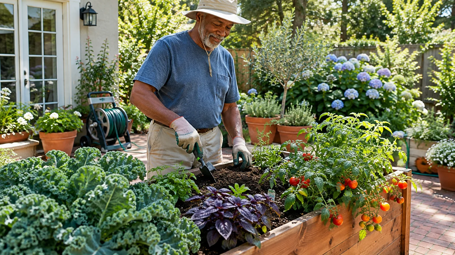 A senior man wearing a sun hat and gloves uses a hand trowel in a wooden raised garden bed filled with vegetables.