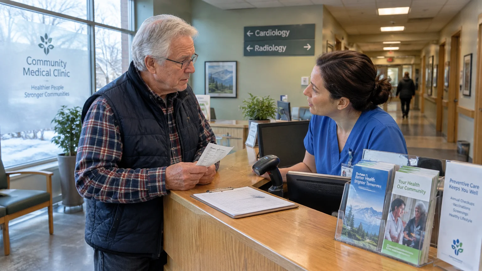 A senior man speaks with a receptionist at a medical clinic check-in desk while holding a document.