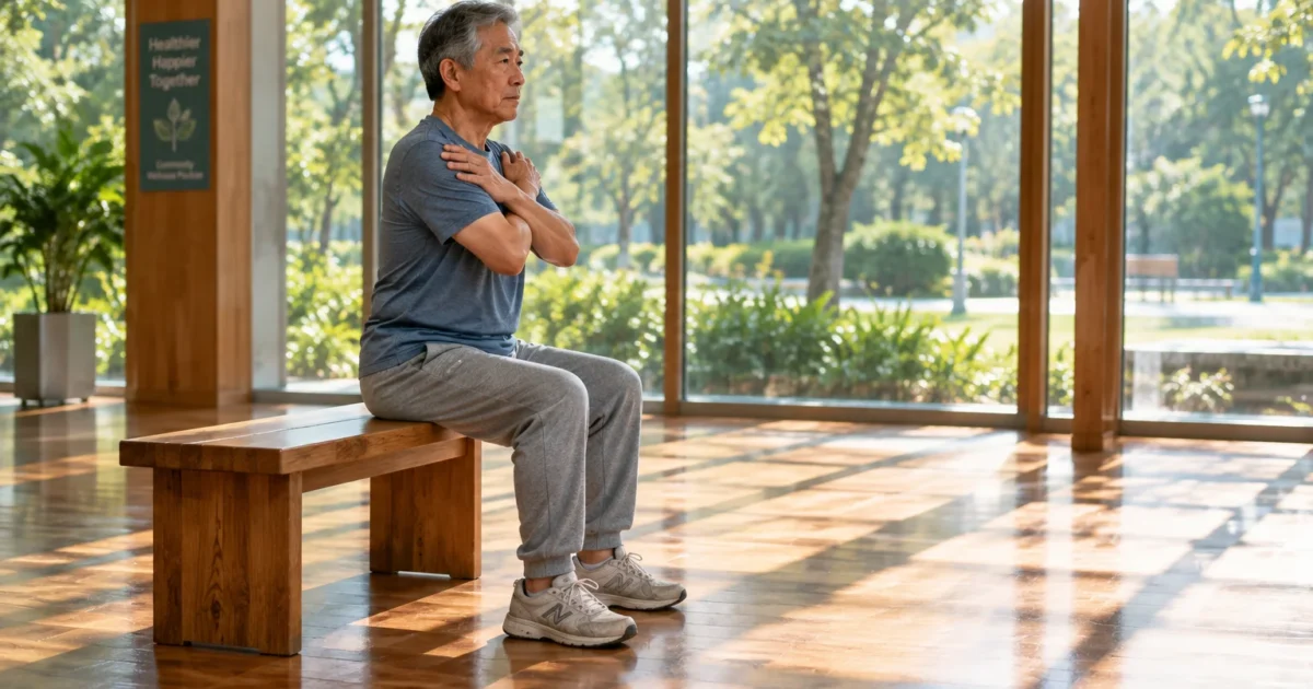 Senior man sitting upright on a wooden bench with arms crossed over his chest in a sunlit room with large windows.