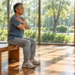 Senior man sitting upright on a wooden bench with arms crossed over his chest in a sunlit room with large windows.