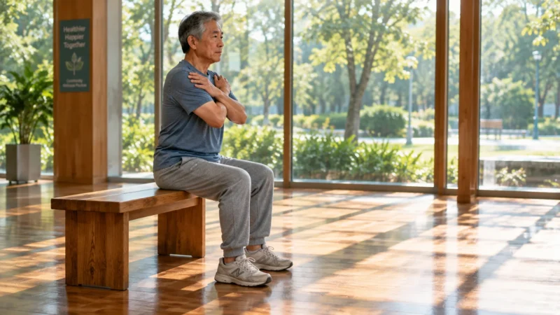 Senior man sitting upright on a wooden bench with arms crossed over his chest in a sunlit room with large windows.