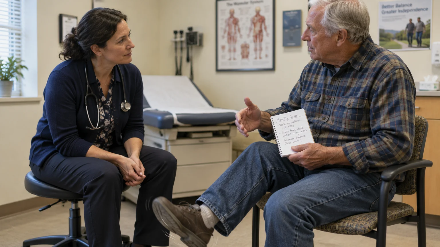 A doctor listens to an older male patient holding a mobility goals notepad in an examination room.