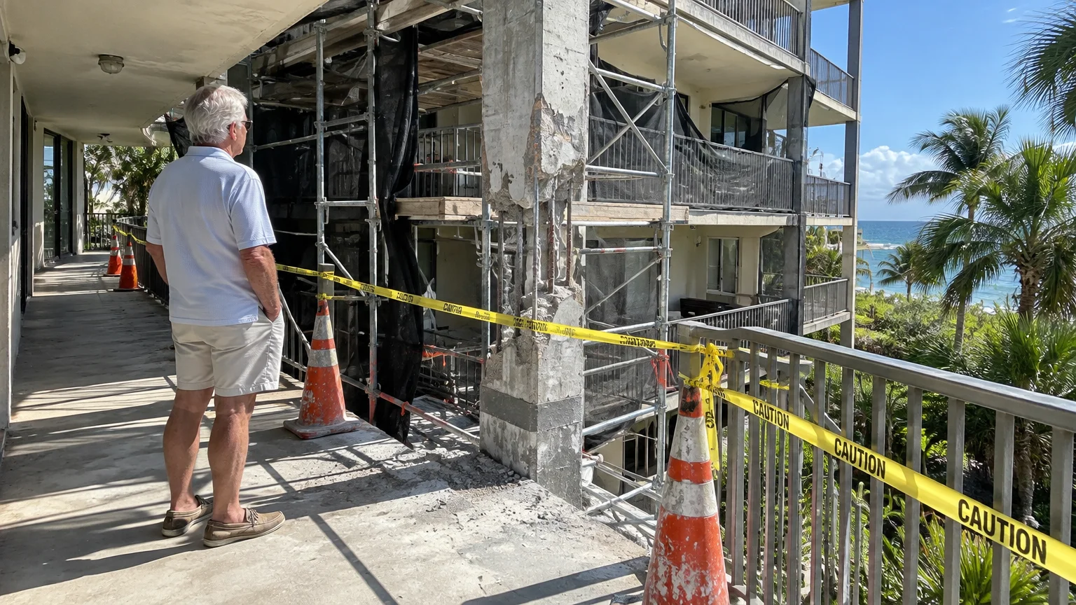 A man looks at scaffolding and a damaged concrete support column behind yellow caution tape on a condo balcony.