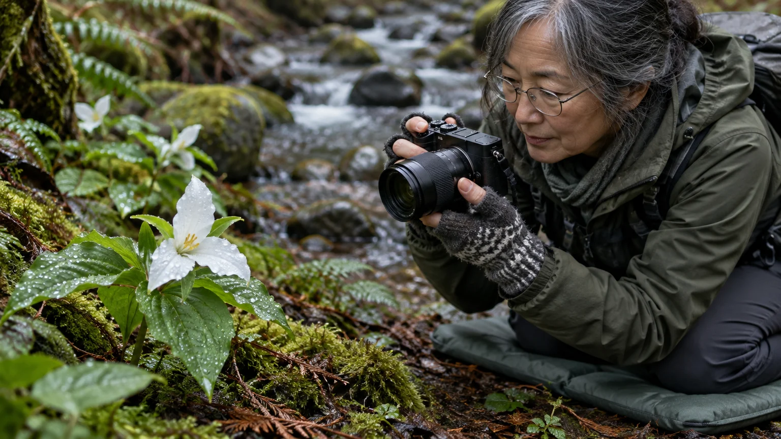 A woman with glasses kneels near a forest stream, holding a digital camera to photograph a white wildflower.