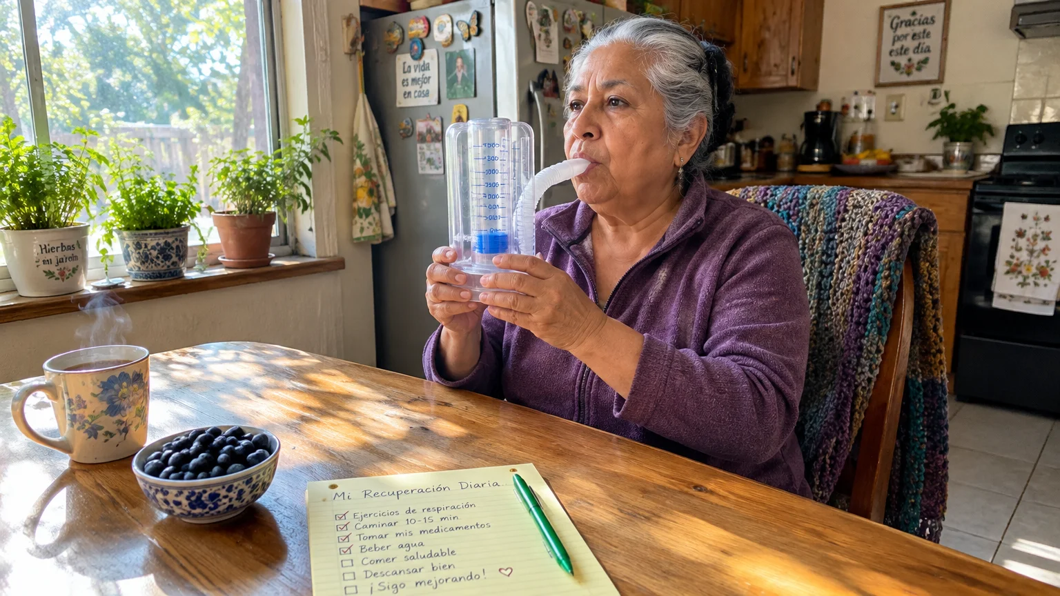 A senior woman uses an incentive spirometer at a wooden kitchen table beside a steaming mug of tea and a daily checklist.