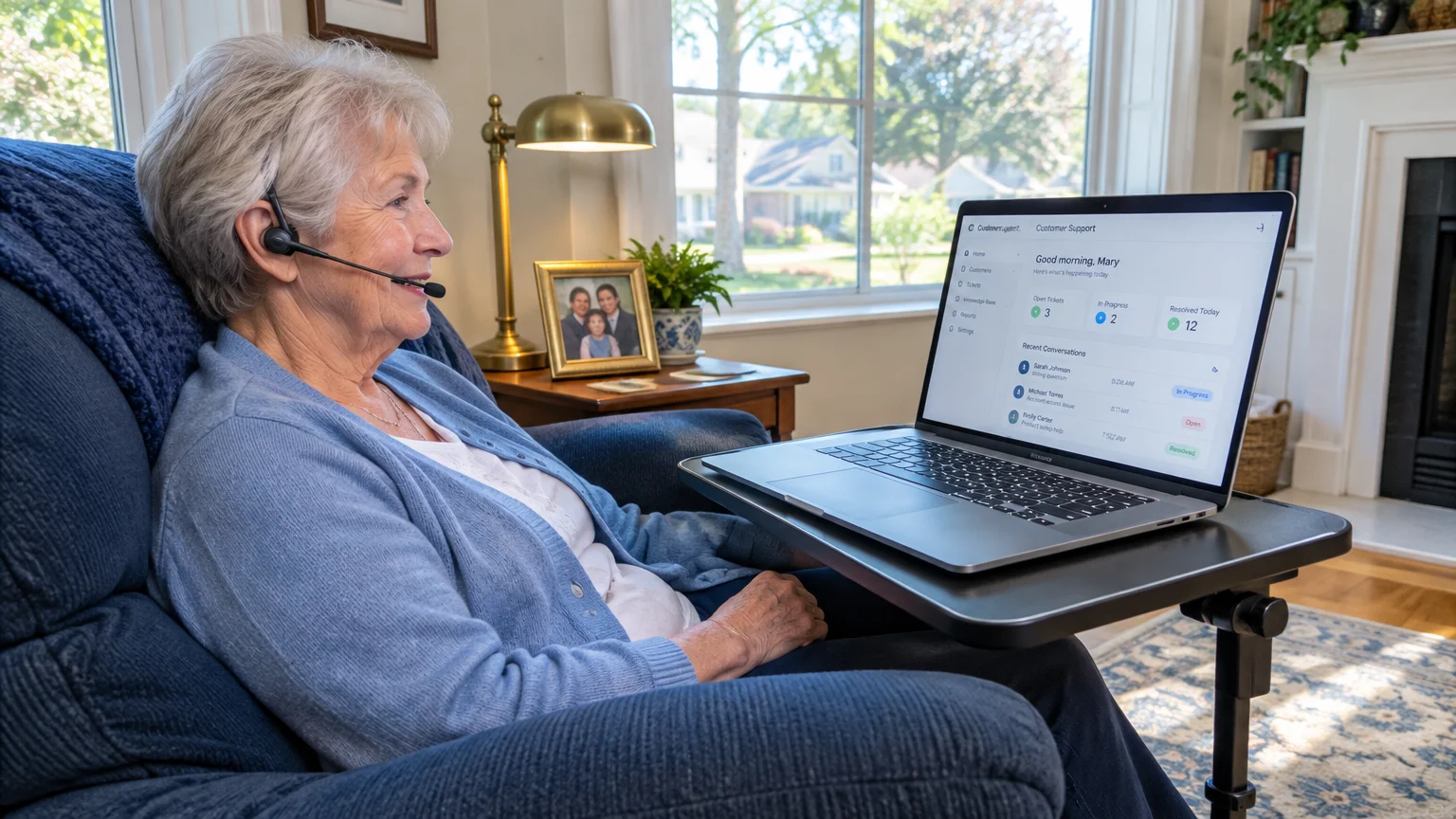 Older woman wearing a headset sits in a blue armchair looking at a laptop computer resting on an adjustable swivel tray table.