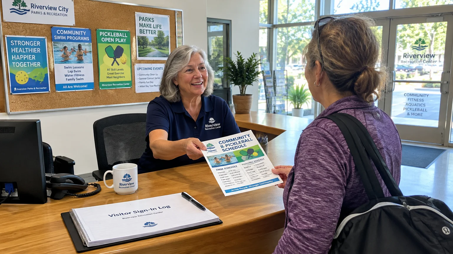 An older woman working at a community recreation center desk hands an activity schedule flyer to a visitor.