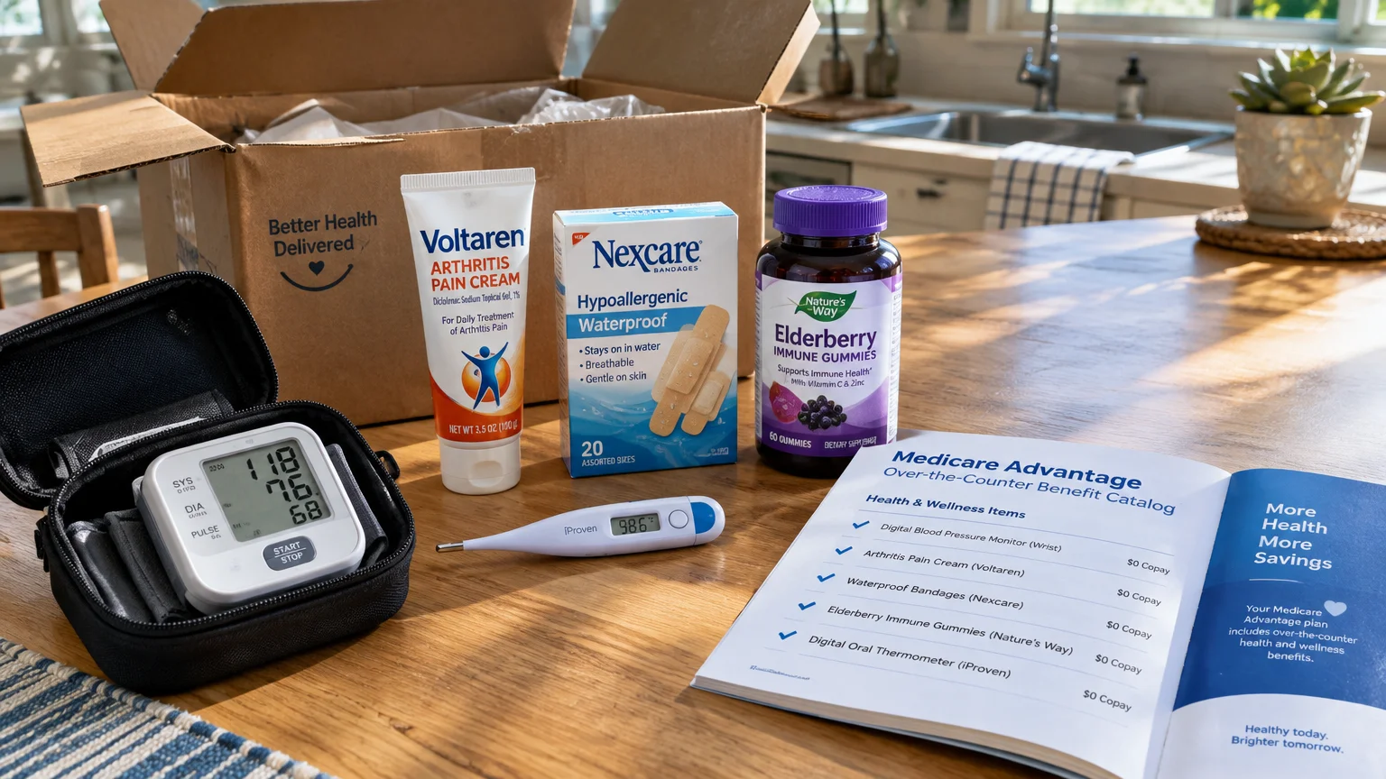 Cardboard box, blood pressure monitor, thermometer, pain cream, bandages, elderberry gummies, and catalog on a table.