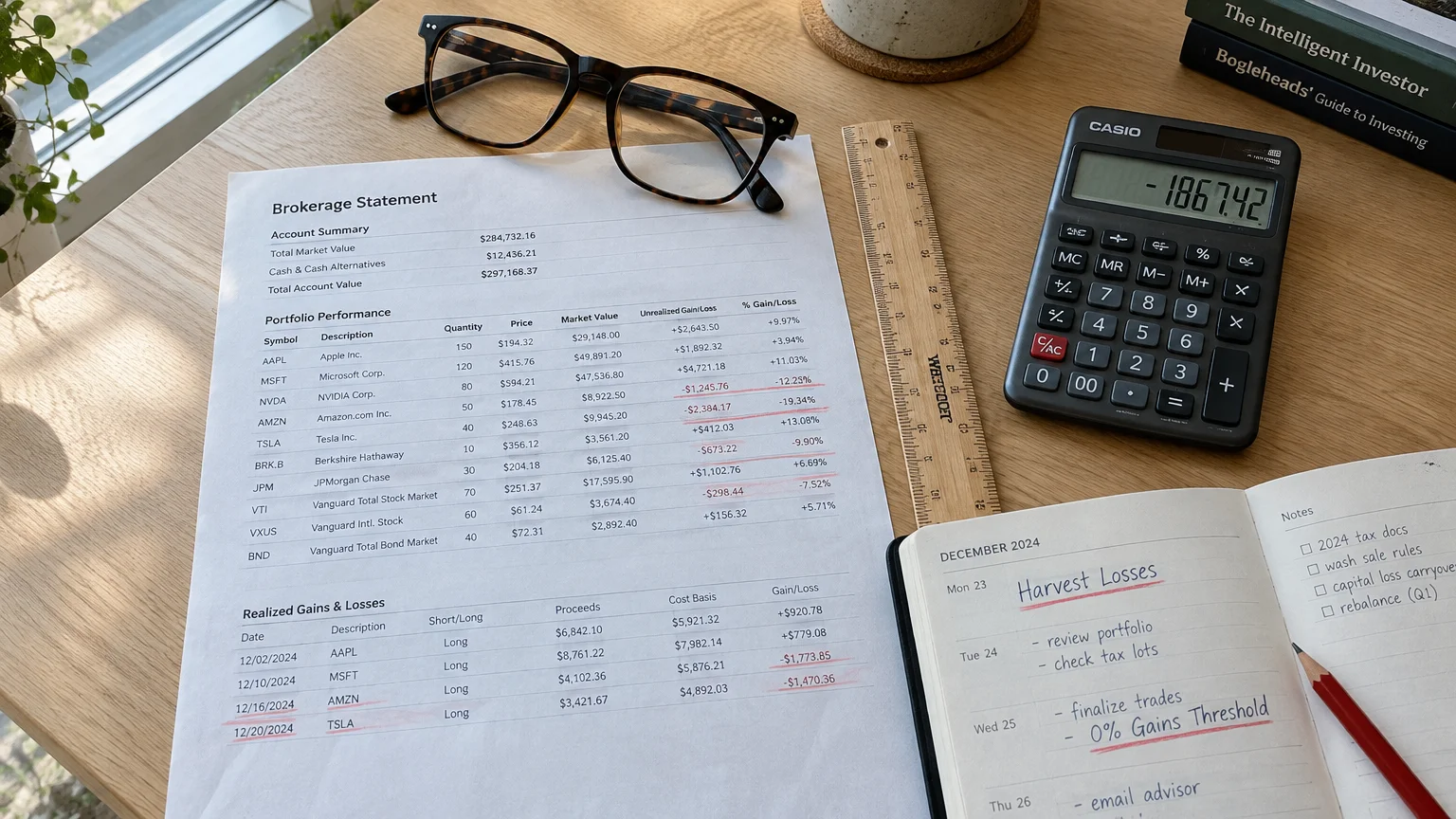 A brokerage statement, eyeglasses, calculator, ruler, and open planner with handwritten notes on a wooden desk.