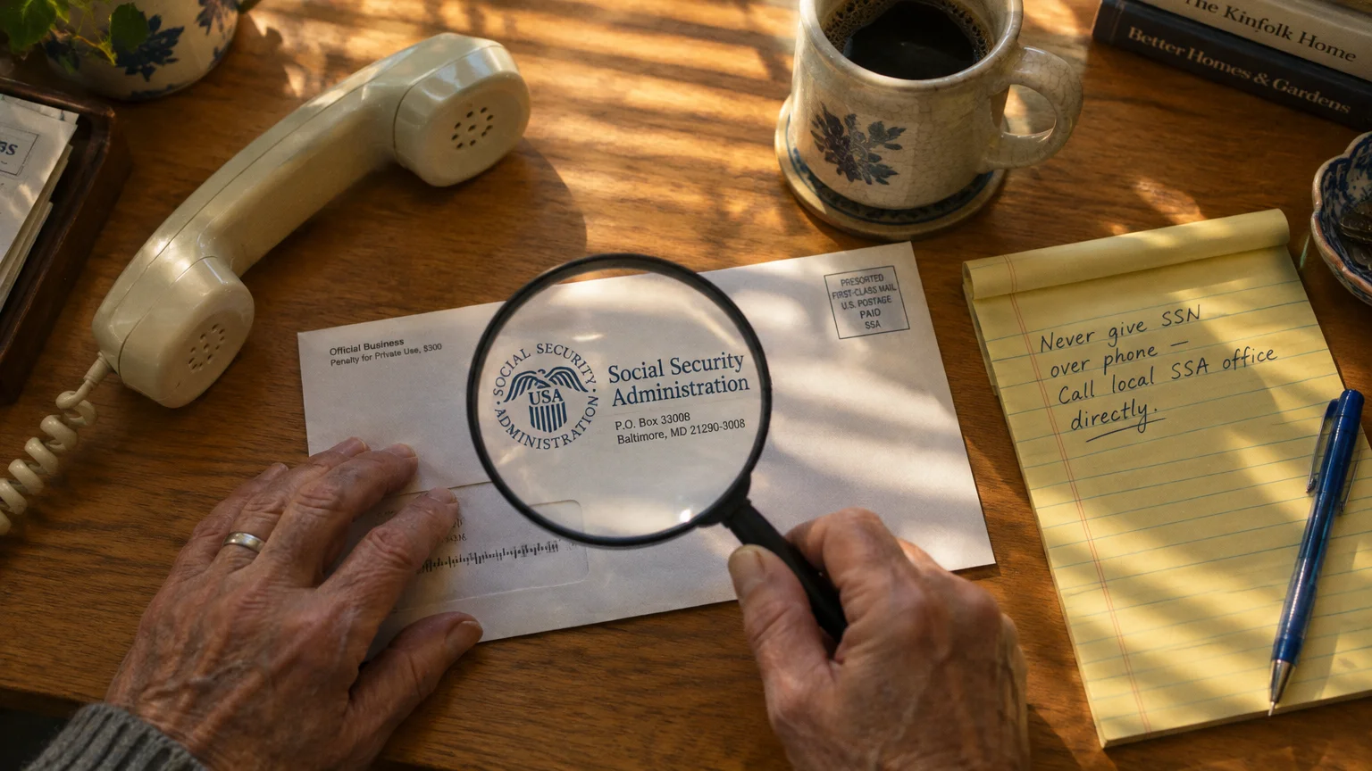 Hands holding a magnifying glass over a Social Security Administration letter on a desk beside a phone and notepad.
