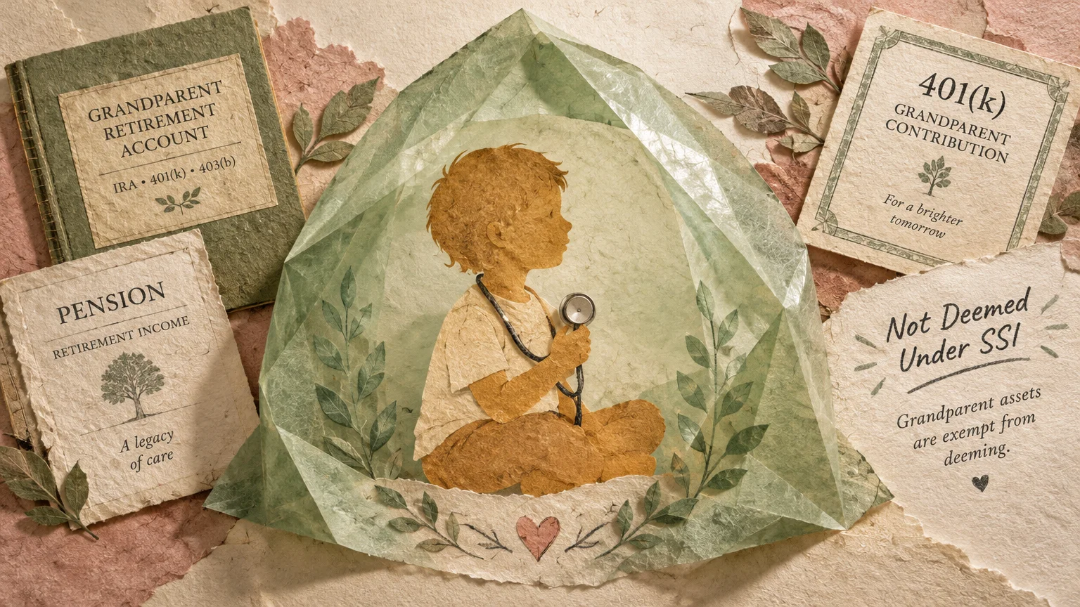 Paper collage of a child with a stethoscope inside a green dome, surrounded by cards about retirement and SSI deeming.