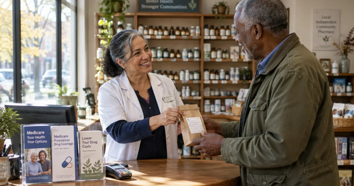 Pharmacist in a white coat hands a paper prescription bag to a customer over a counter with Medicare brochures.