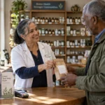 Pharmacist in a white coat hands a paper prescription bag to a customer over a counter with Medicare brochures.