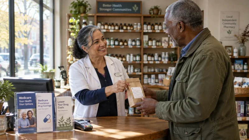 Pharmacist in a white coat hands a paper prescription bag to a customer over a counter with Medicare brochures.