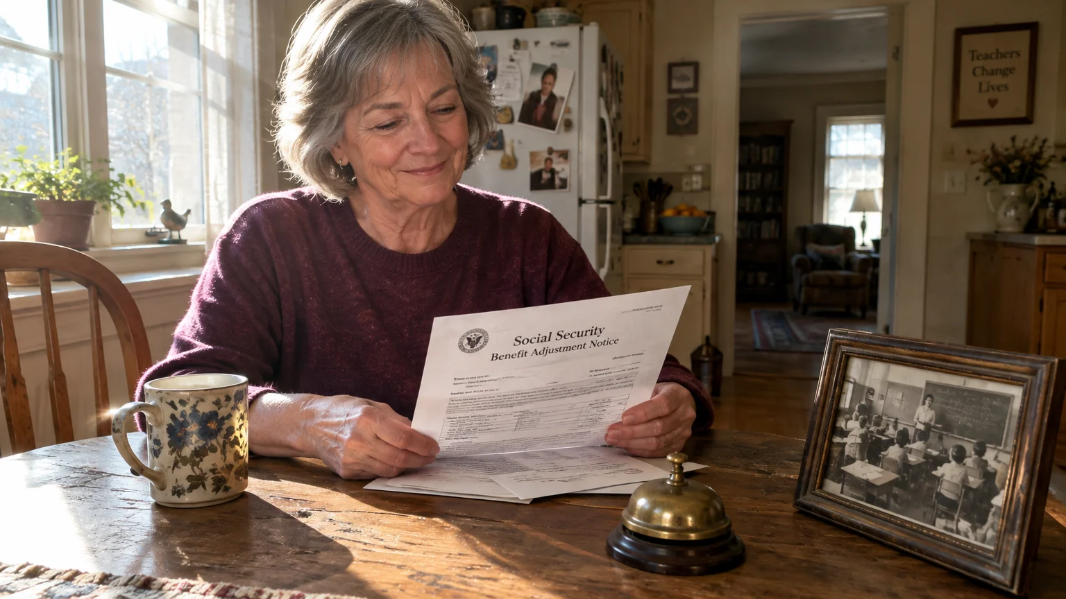 Smiling older woman at a wooden table reading a Social Security Benefit Adjustment Notice next to a framed photo.