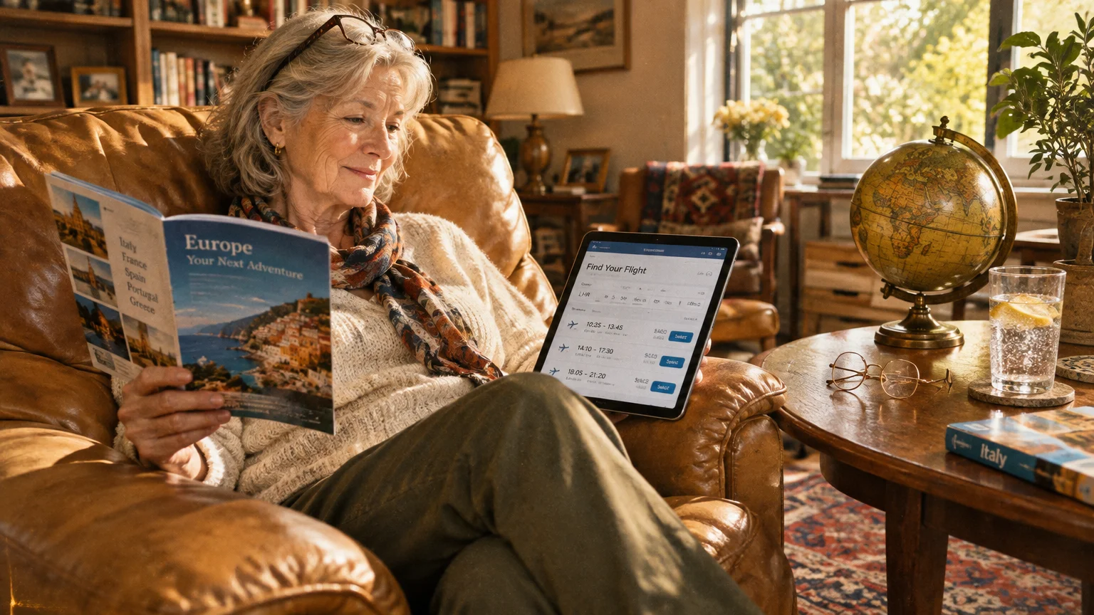 Woman sitting in a leather recliner holding a travel brochure and a tablet displaying flight options.
