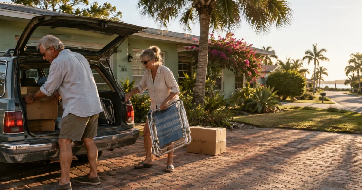 Older couple unloads cardboard moving boxes and folding lawn chairs from the back of an estate wagon outside a sunny house.
