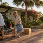 Older couple unloads cardboard moving boxes and folding lawn chairs from the back of an estate wagon outside a sunny house.