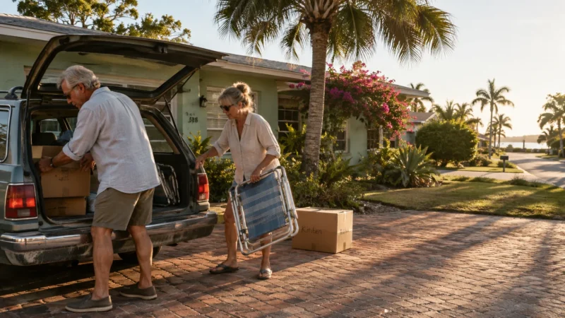 Older couple unloads cardboard moving boxes and folding lawn chairs from the back of an estate wagon outside a sunny house.