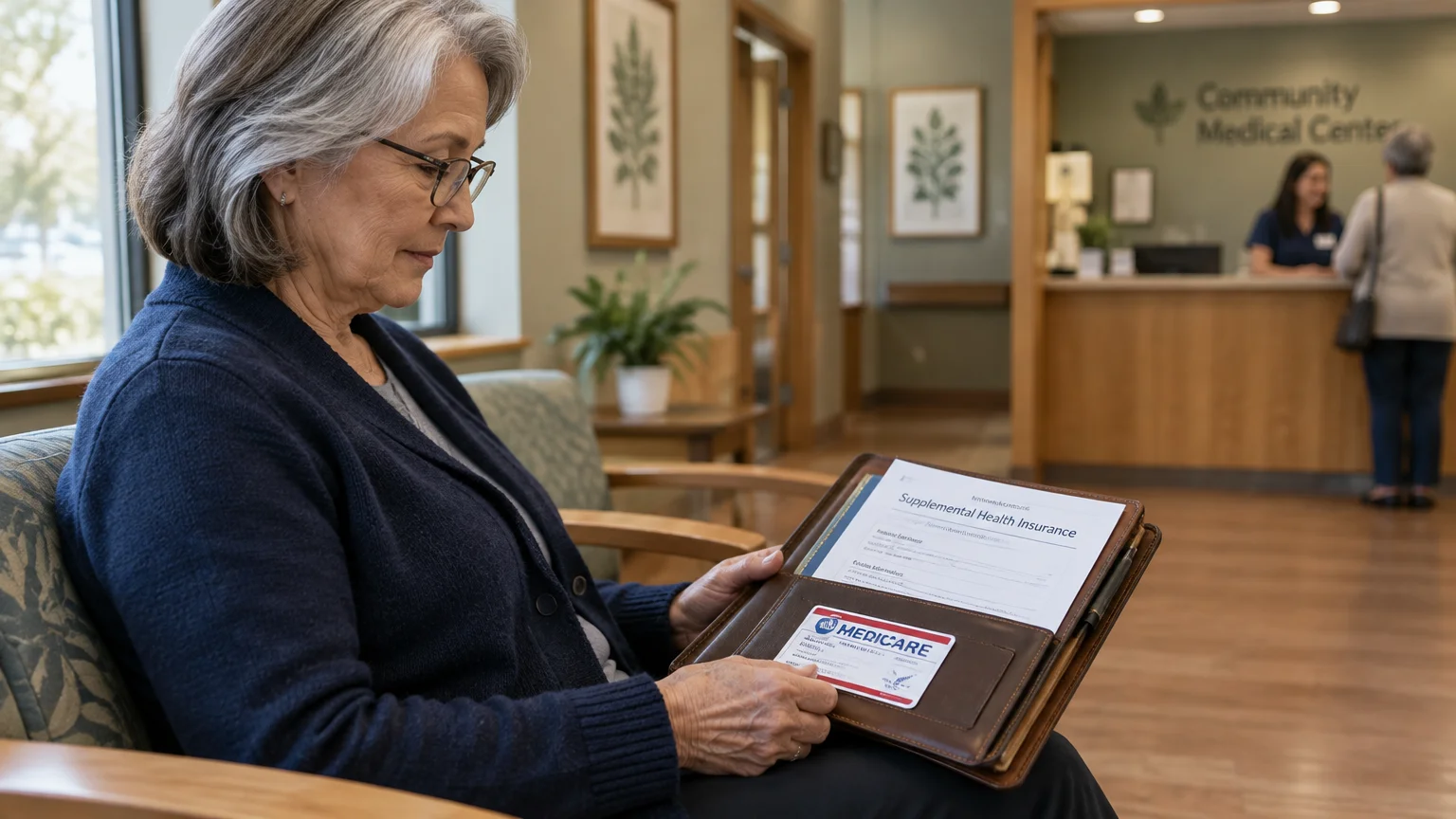 A senior woman sits in a medical clinic waiting area holding a folder with Medicare and supplemental insurance papers.