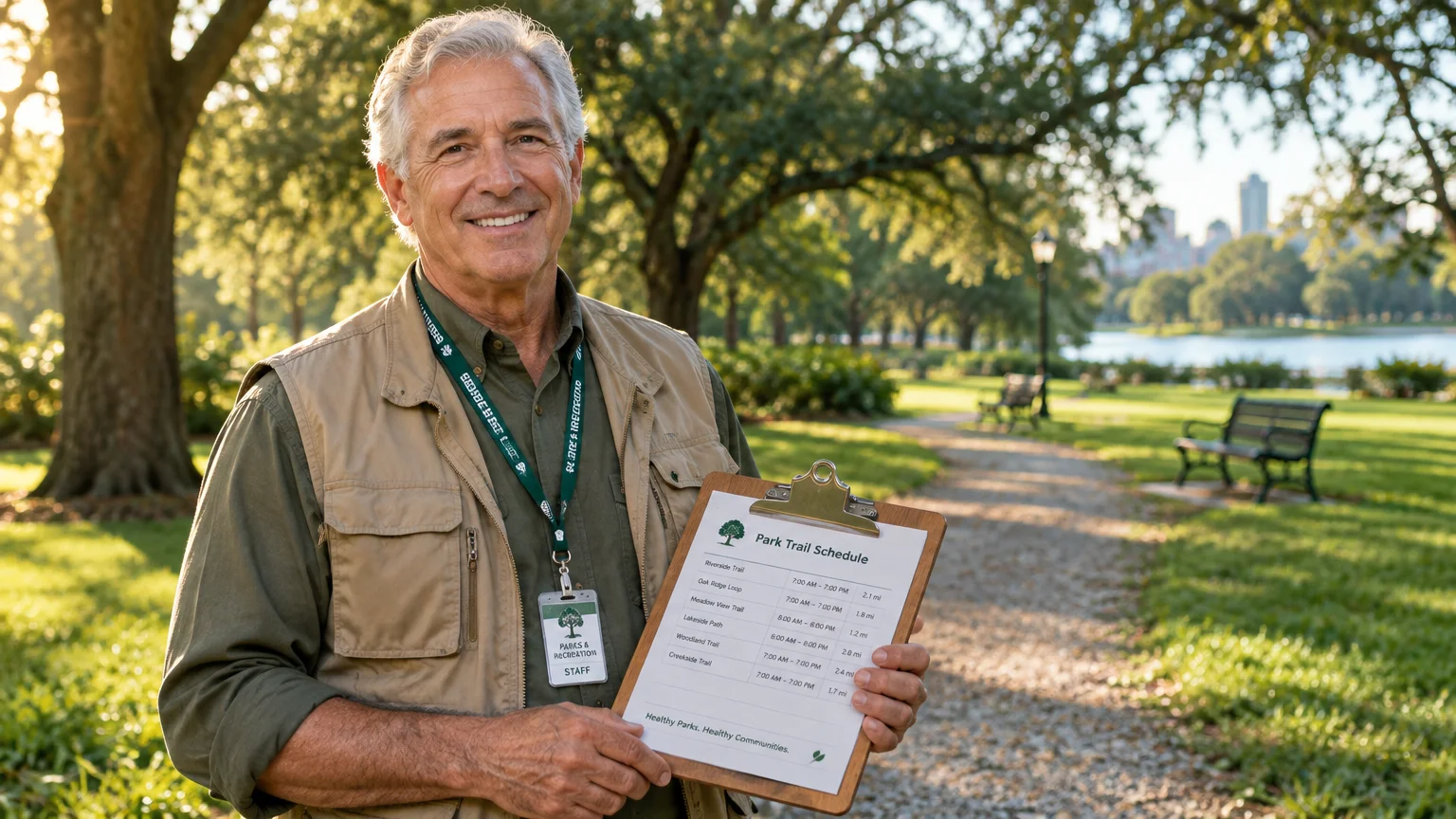 Smiling older man wearing a park staff lanyard and vest, holding a clipboard with a park trail schedule outdoors.