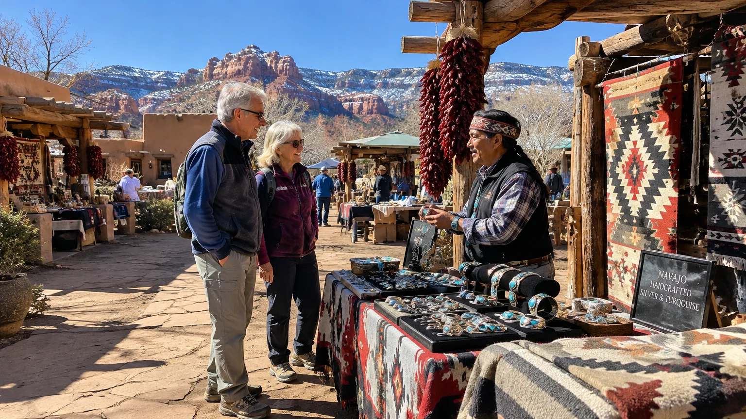 Couple browsing handcrafted turquoise jewelry and woven textiles at an outdoor market stall against red rock mountains.