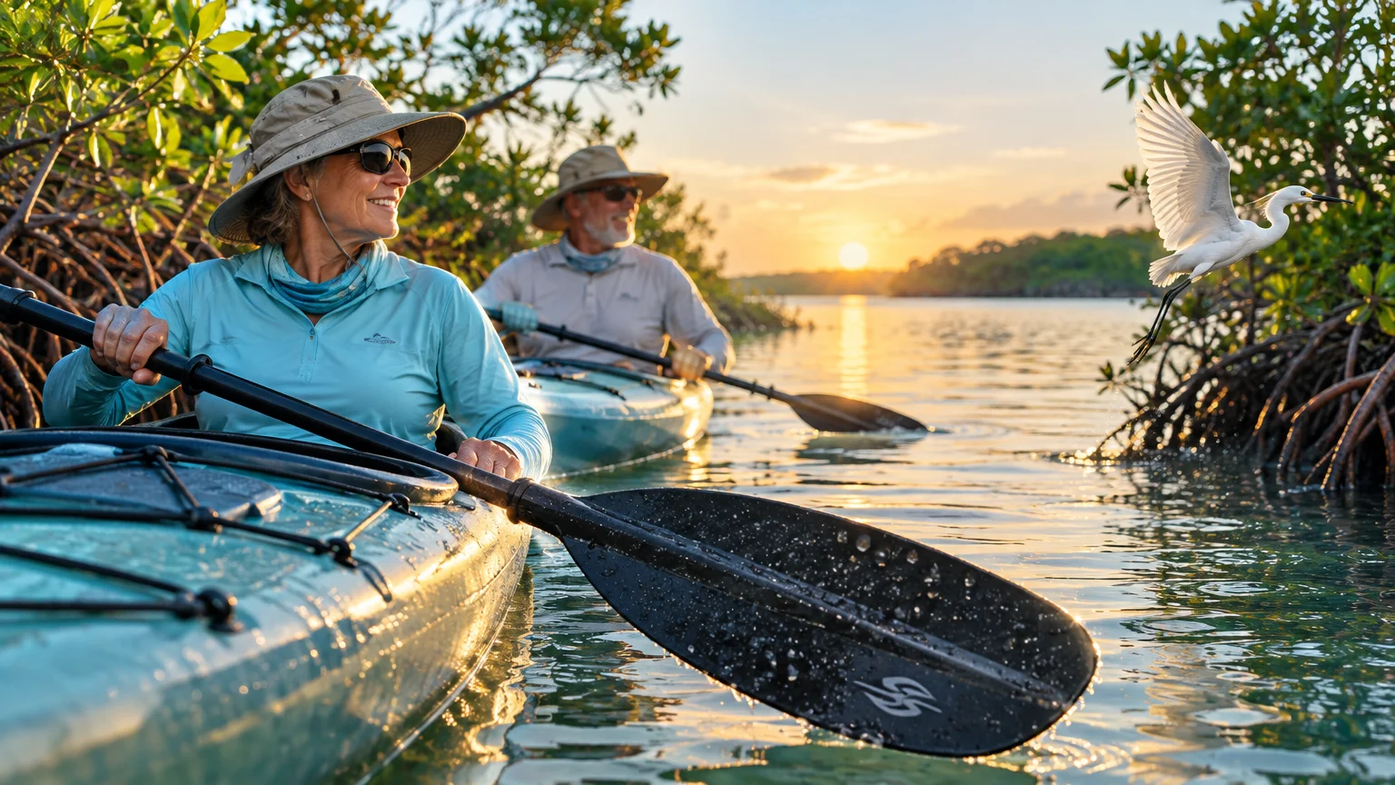 An older couple kayaks through mangrove waters at sunset as a white egret takes flight nearby.