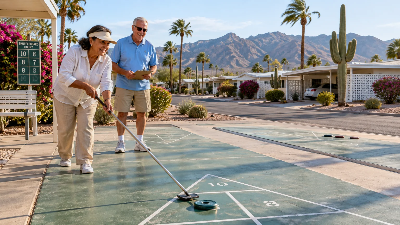 An older woman plays shuffleboard while a man watches in a sunny desert retirement community with palm trees and mountains.