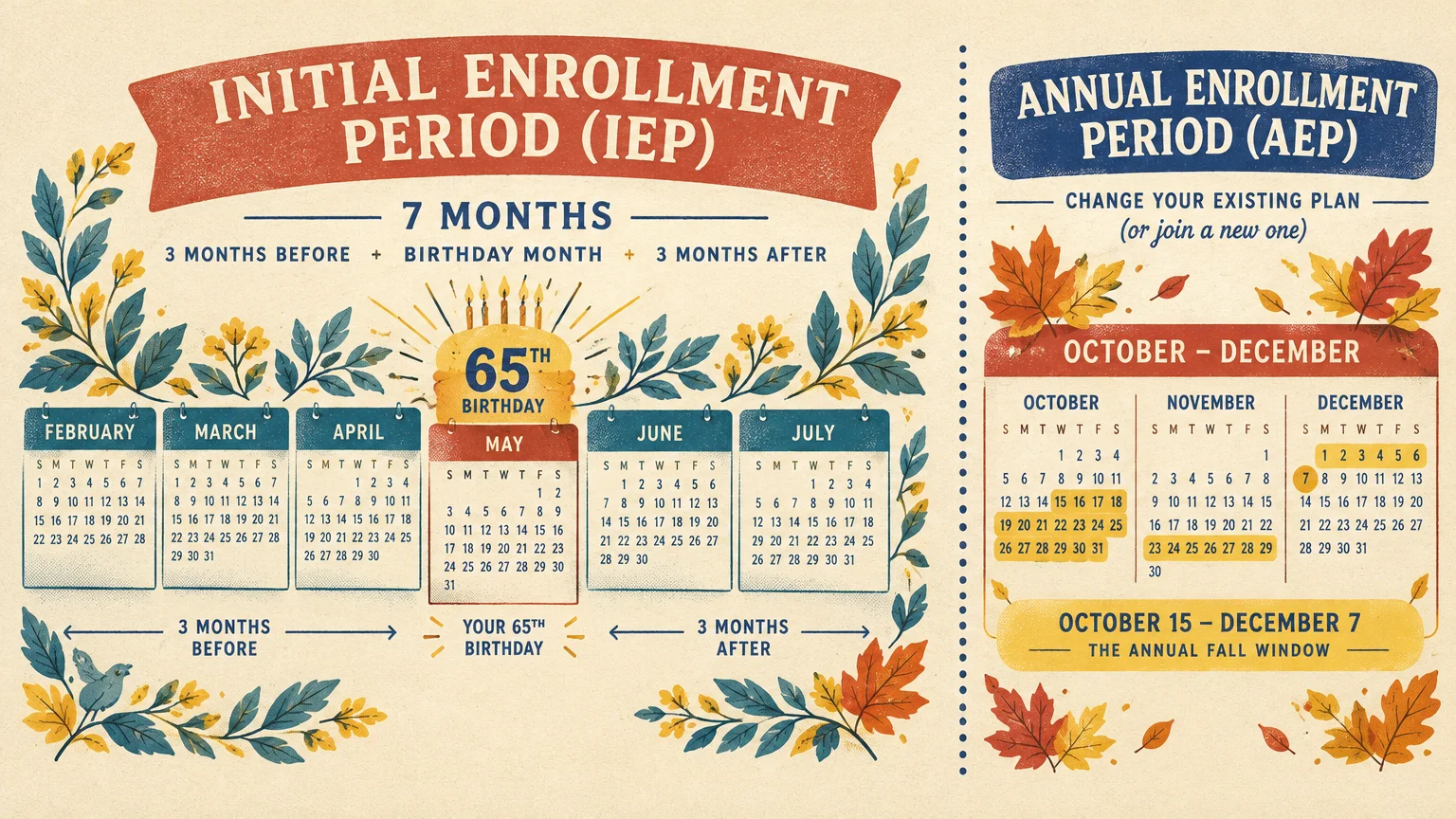 Illustrated comparison chart showing the 7-month Initial Enrollment Period timeline beside the fall Annual Enrollment Period.