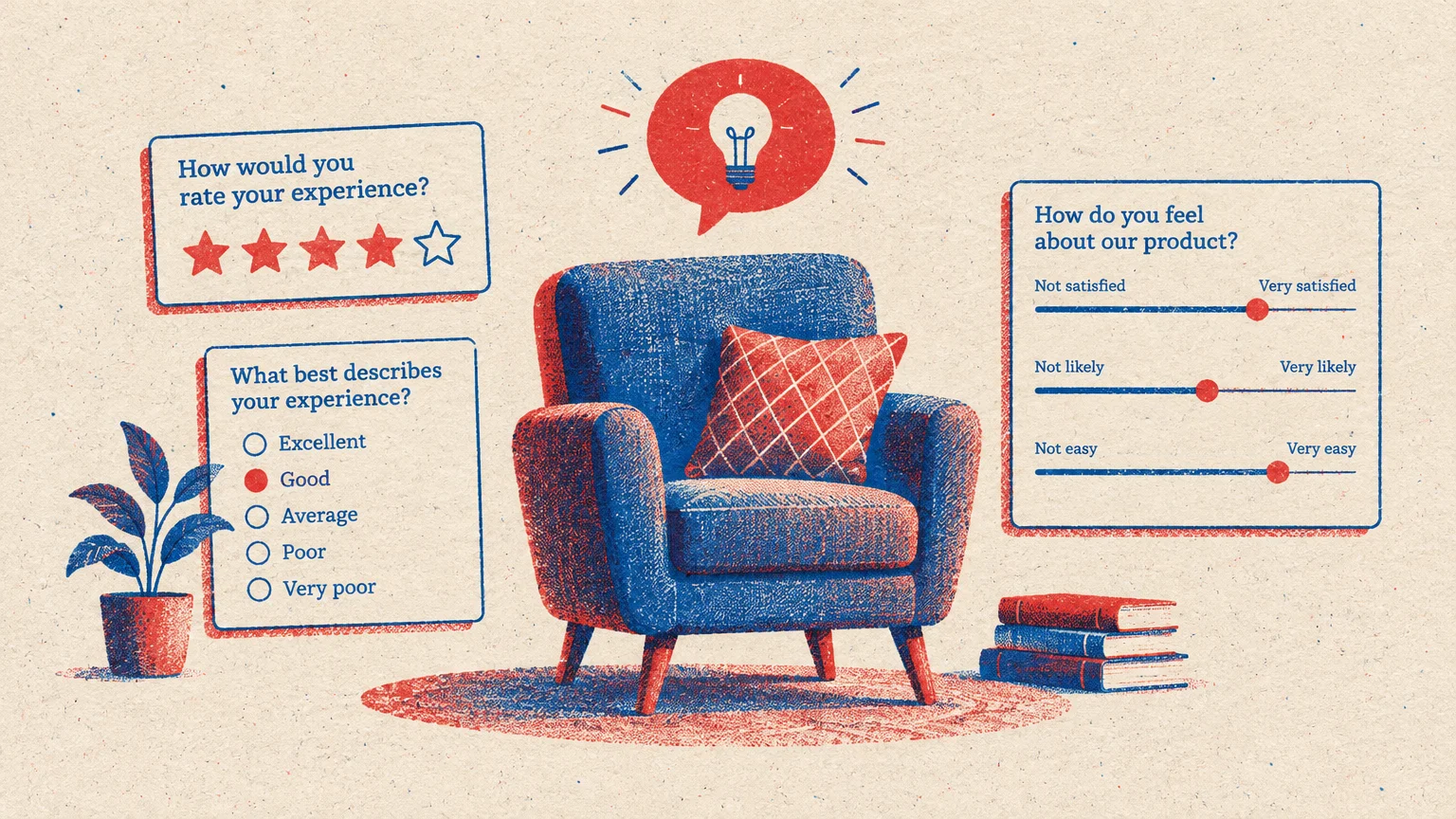 Illustration of a blue armchair surrounded by customer feedback survey cards, a lightbulb icon, books, and a plant.