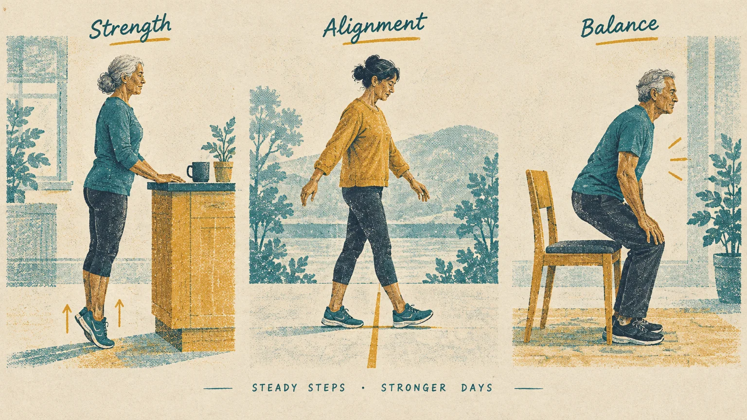 Three-panel illustration of adults performing mobility exercises labeled Strength, Alignment, and Balance.