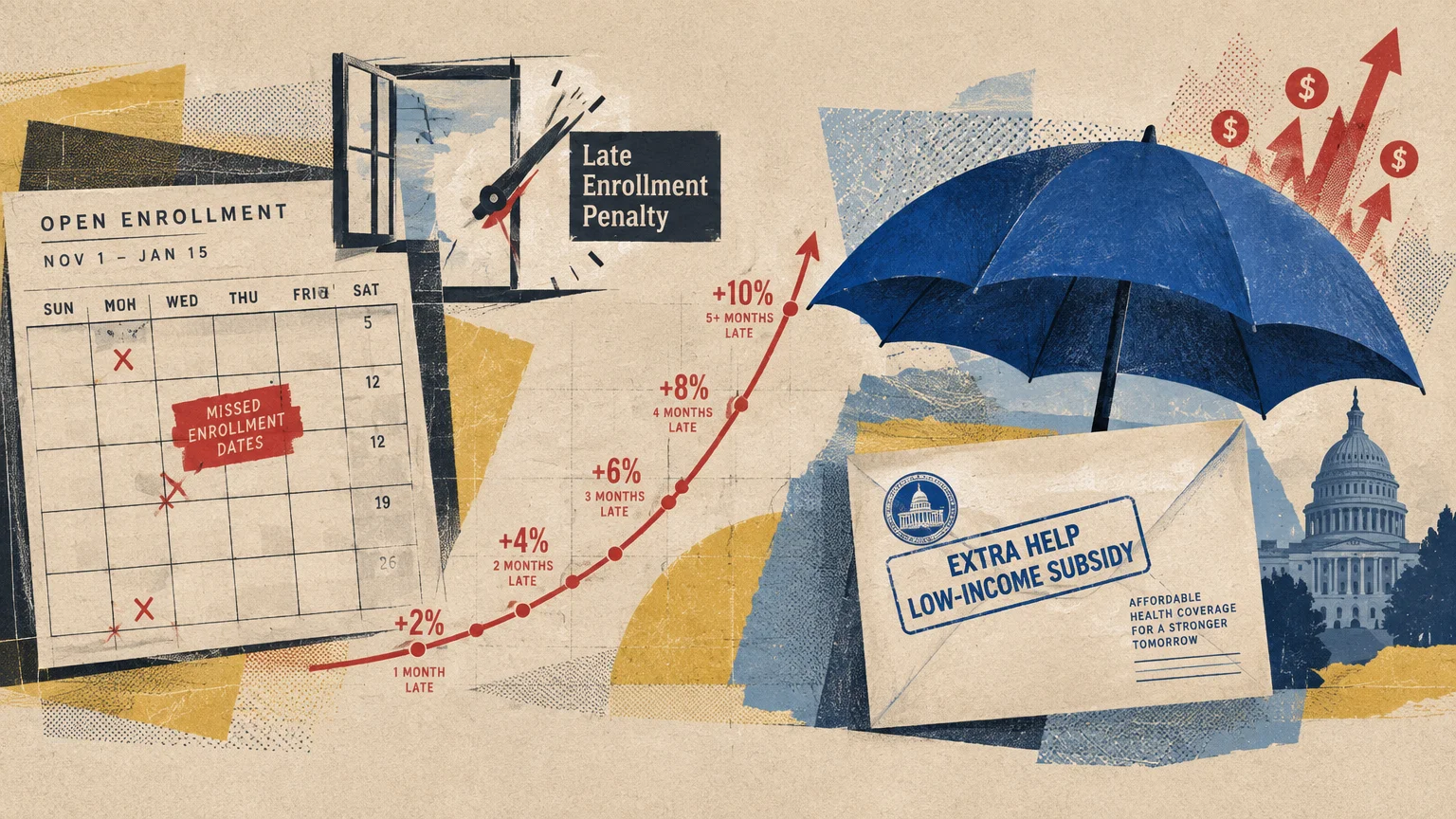 Illustration of a missed enrollment calendar, a rising penalty graph, and an Extra Help envelope under an umbrella.