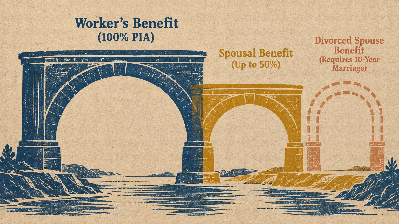Three illustrated bridge arches over water labeled Worker's Benefit, Spousal Benefit, and Divorced Spouse Benefit.
