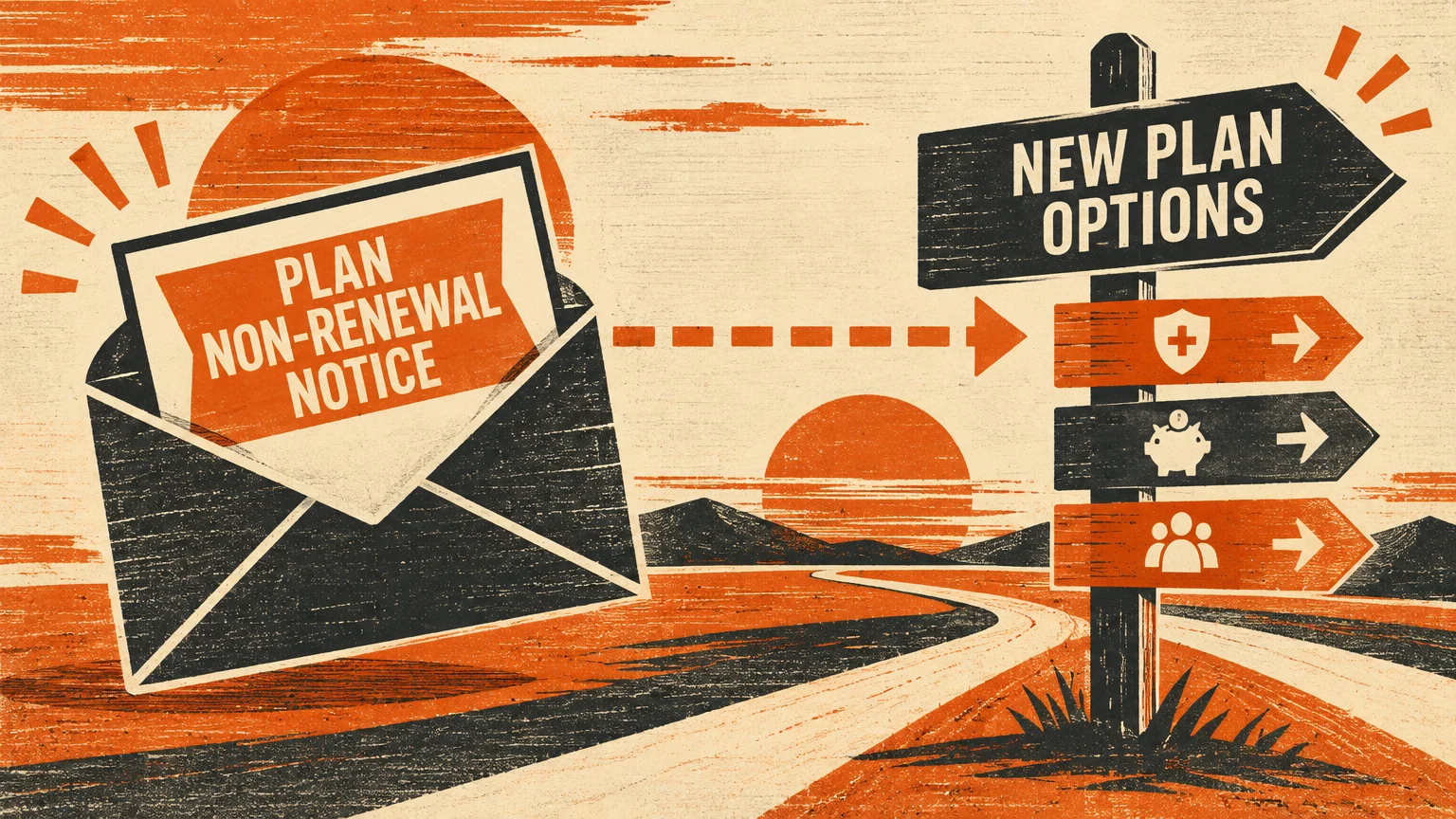 Illustration of an envelope marked plan non-renewal notice pointing toward a signpost with new plan options along a road.