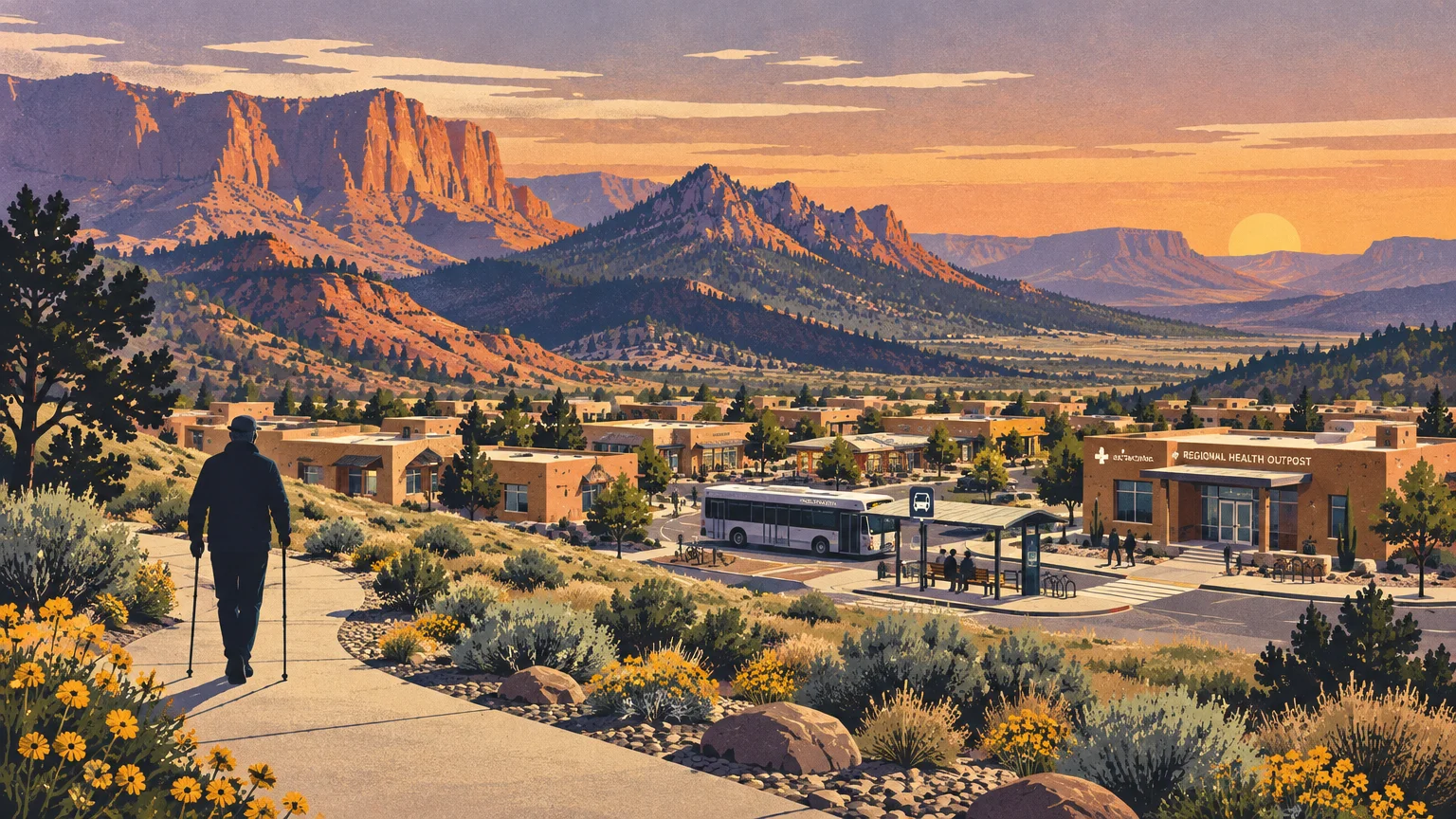 Man walking with poles on a paved path toward a desert town with adobe buildings, a bus stop, and red rock mountains.