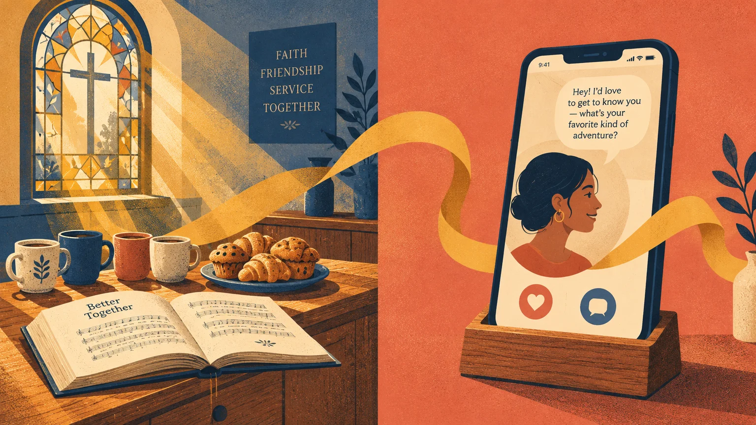 Split illustration of a church table with hymnal and breakfast next to a smartphone showing a dating profile.