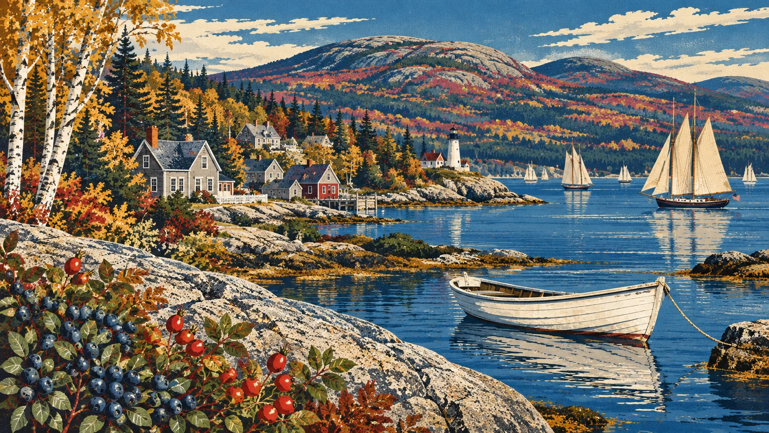 Screenprint illustration of a coastal village with sailboats, a lighthouse, and autumn mountains in the background.