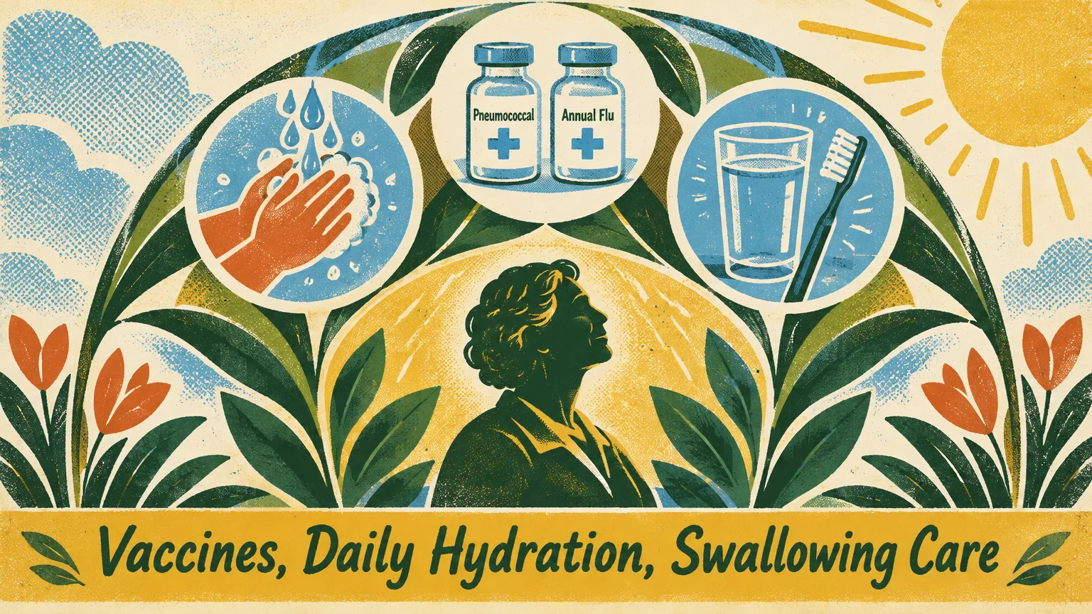 Illustration of a senior silhouette surrounded by icons of handwashing, vaccine vials, and a water glass with a toothbrush.