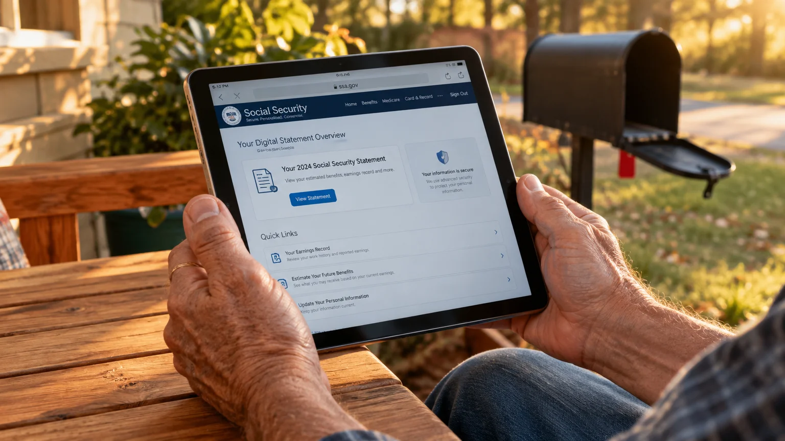 Older person holding a tablet displaying the Social Security digital statement website outdoors near a mailbox.